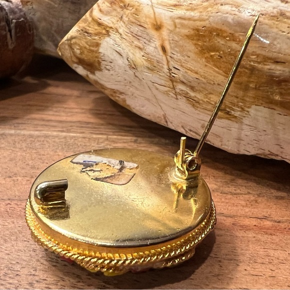 Italian Floral Micro Mosaic Brooch Pin Yellow Purple Blue Glass Art Gold 1 1/4” - Picture 5 of 7